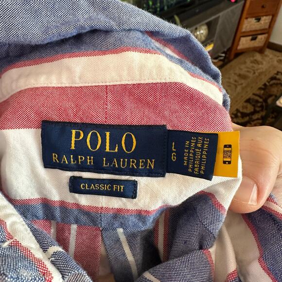 POLO RALPH LAUREN x Classic Fit Red Blue Stripe Short Sleeve Shirt Cotton SIZE L - Picture 6 of 7